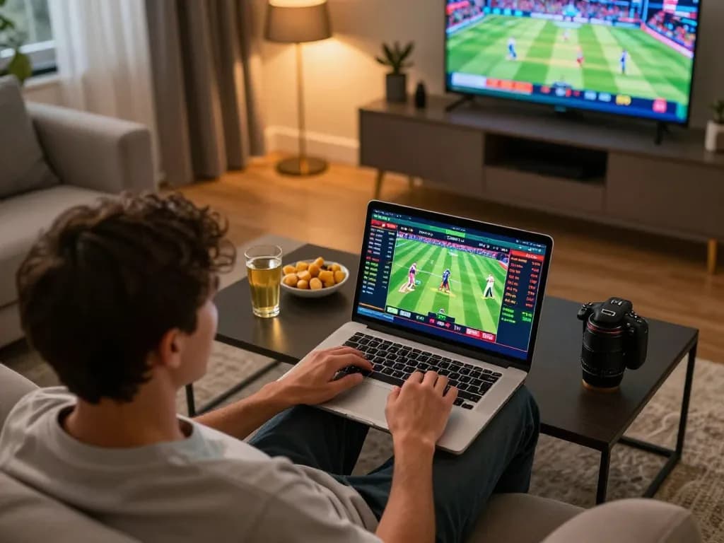 Person engaged in sports betting on Jaya9 Casino using a laptop in a cozy home setting.
