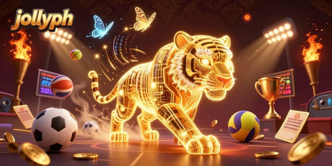 Experience exciting betting at Jollyph, featuring a neon golden tiger in a dynamic casino scene.