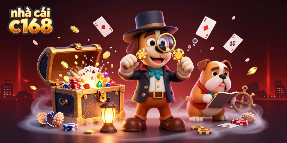 Engaging scene showcasing nhà cái c168 where a detective examines poker clues amid a treasure explosion and vibrant casino elements.