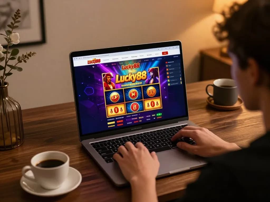 Engaging gameplay session on Luck88 casino website showcasing vibrant design in a cozy setting.
