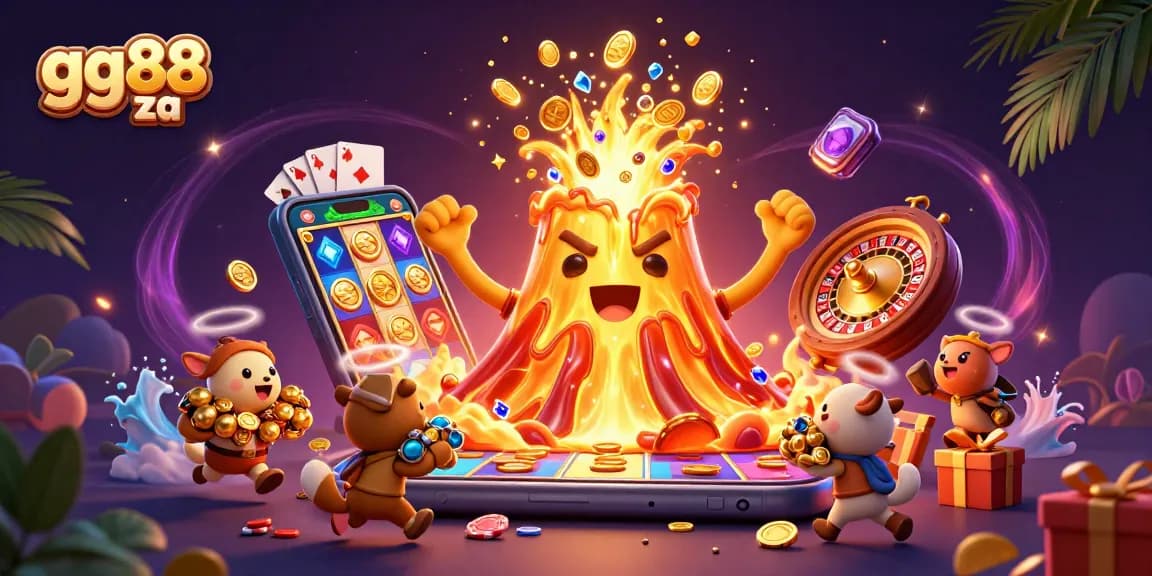 Engage with gg88 za to experience thrilling jackpots amid golden erupting volcanoes, vibrant casino elements, and animated treasures.