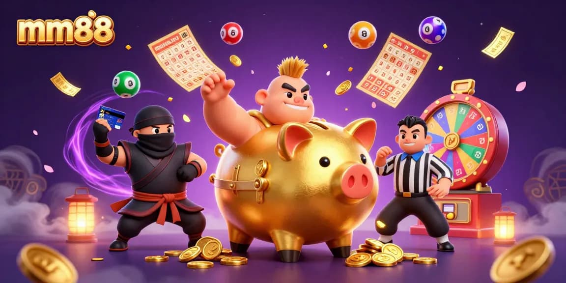 Experience thrilling wins with mm88 as the golden piggy bank sumo wrestler unleashes coins in a dynamic casino scene.