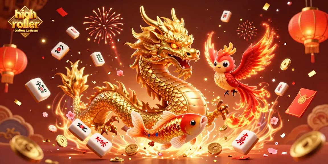 Feel the excitement of high roller online casinos with dragons, phoenixes, and coins raining down.