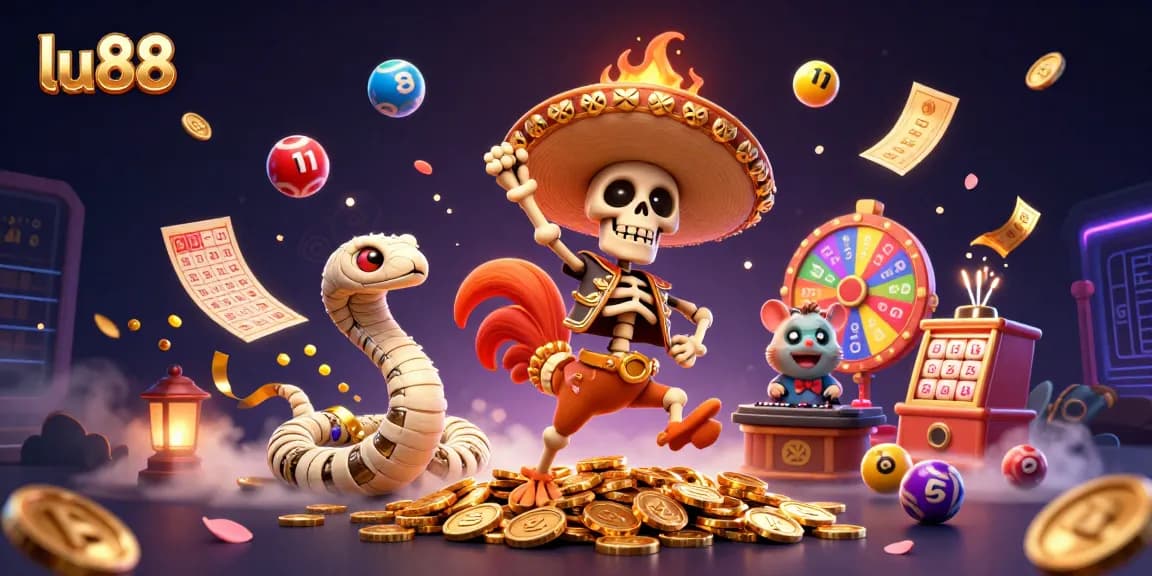 Experience the thrill of winning at lu88 with vibrant lottery elements and animated casino characters.