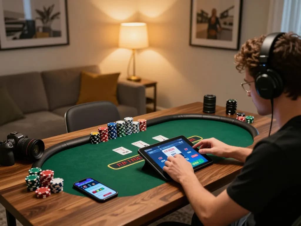 Engaging in a live blackjack game on Hi88 tablet at a stylish home office desk
