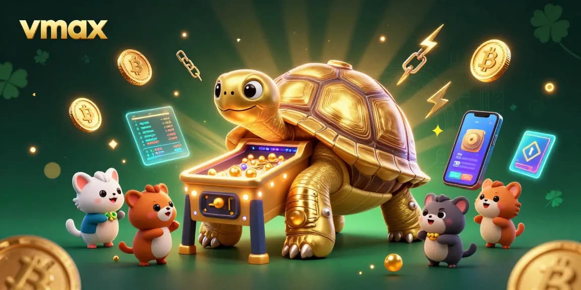 Join the fun at vmax casino with a golden tortoise pinball machine, glowing crypto coins, and excitement.