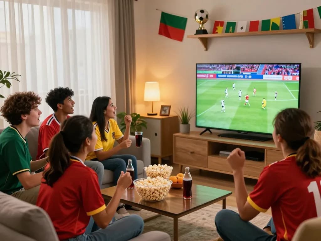 Xoilac fans enjoying a thrilling live football match in a cozy living room with snacks and team jerseys.