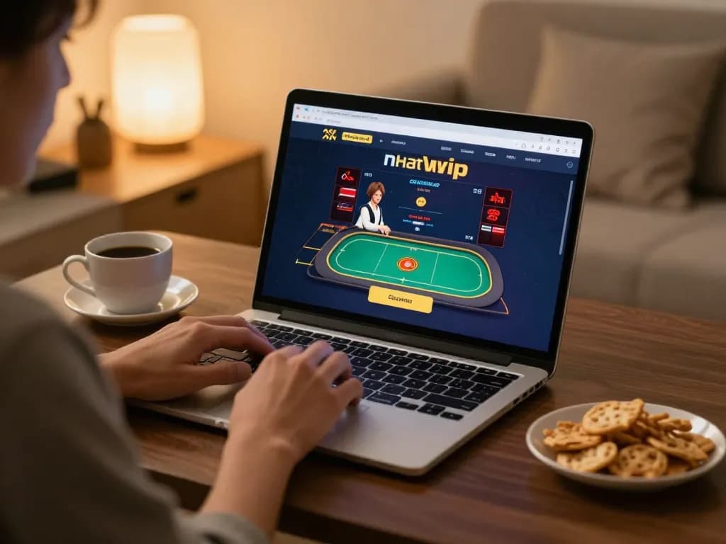Nhatvip player engaging with online casino games in a warm home setup.