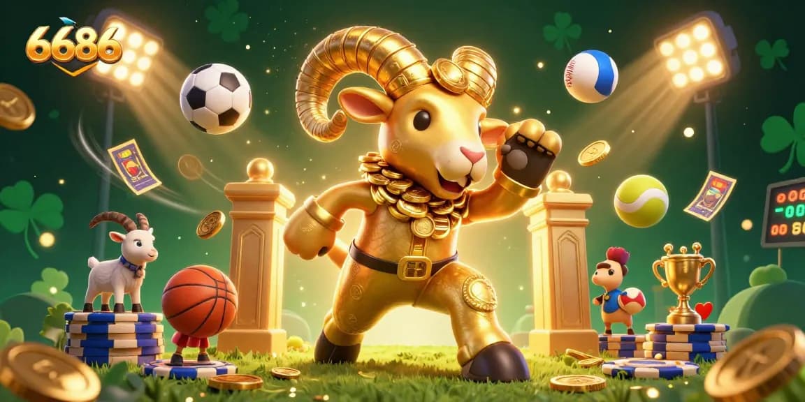 Experience sports excitement at 6686 with a golden ram charging at the gates of fortune!