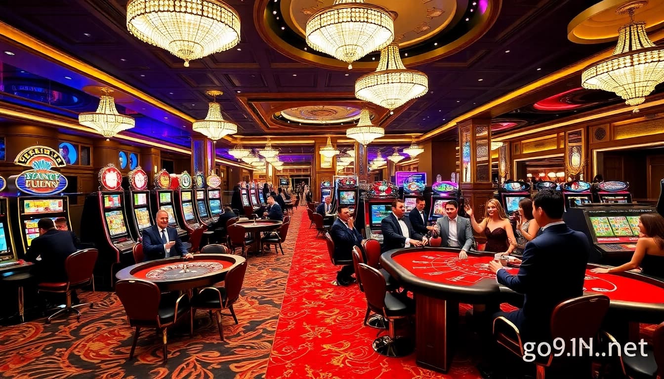 A vibrant casino scene showcasing players engaged at roulette and blackjack tables, highlighting the excitement of go999.in.net.