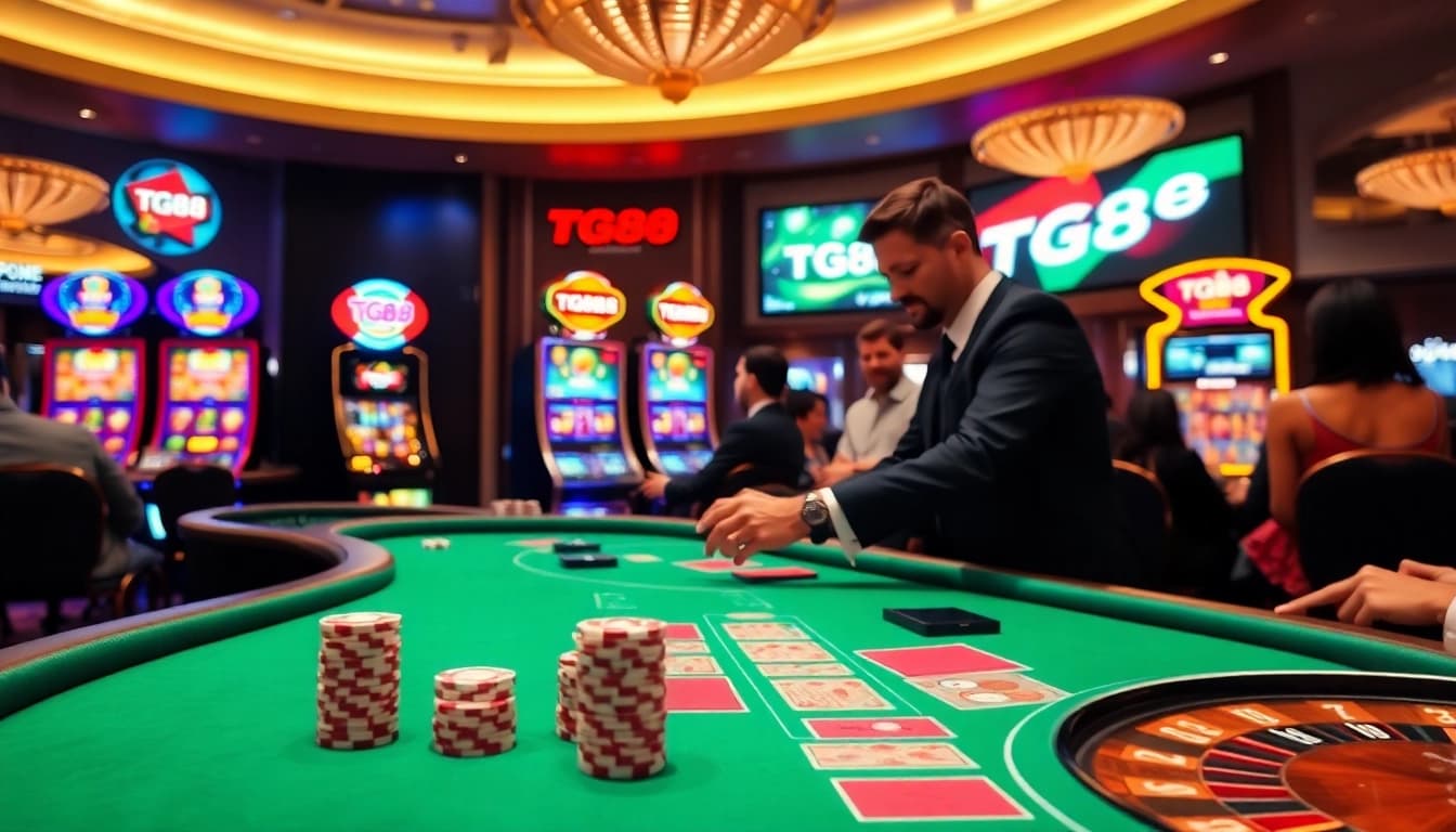 Experience the excitement of tg88 at a vibrant casino table with thrilling games and colorful lights.