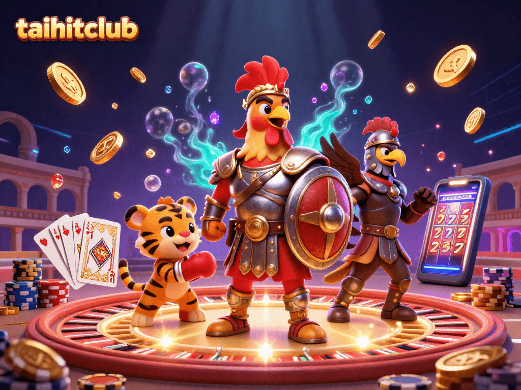 Engage with taihitclub's vibrant gaming scene featuring a gladiator rooster and casino elements.