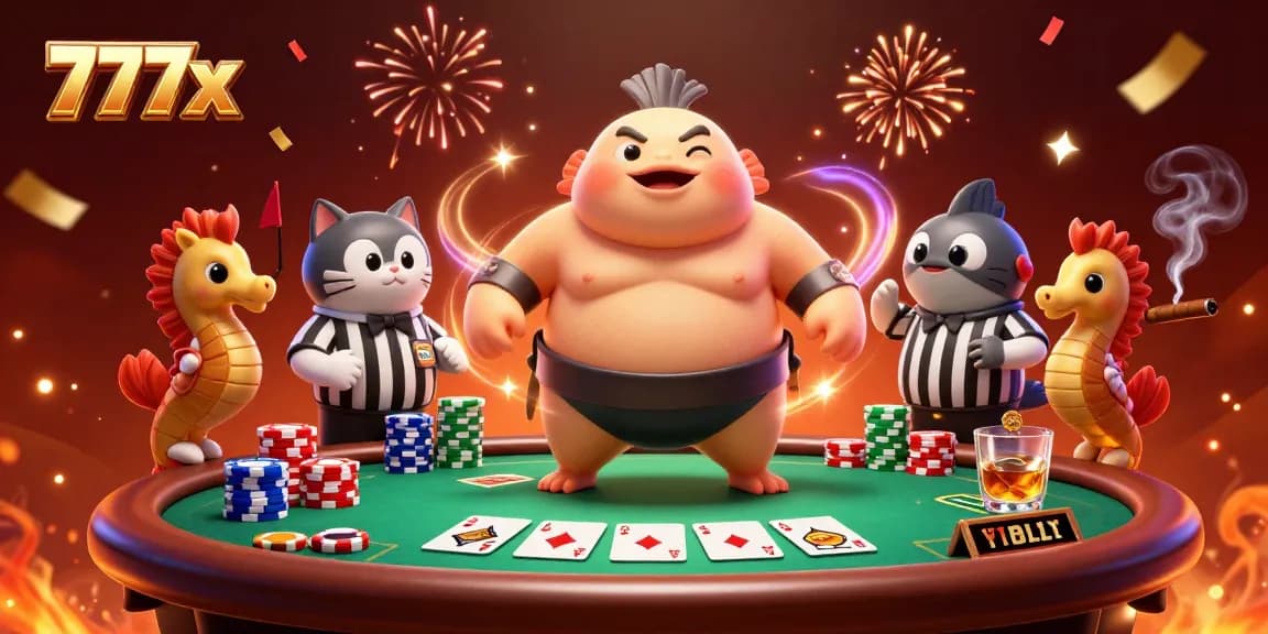 Engage in thrilling poker action with 777x as cartoon characters celebrate around a dynamic gaming scene.