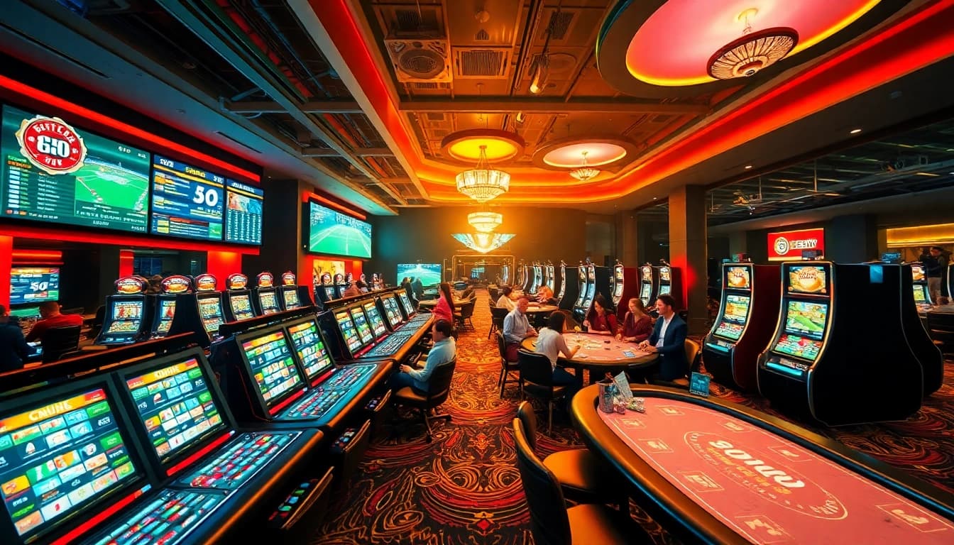 98win's vibrant casino scene with thrilling gaming options and excited players celebrating wins.
