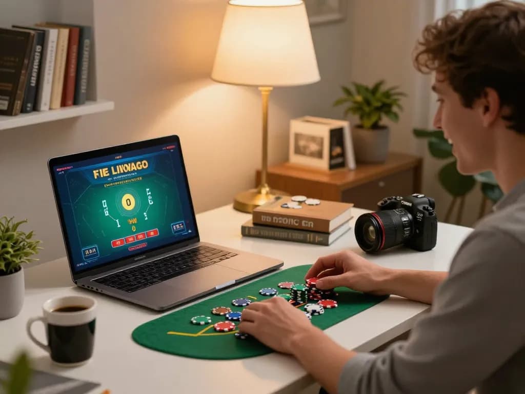 Terlibat dalam permainan situs togel di meja rumah dengan laptop dan chip yang disusun untuk permainan strategis.