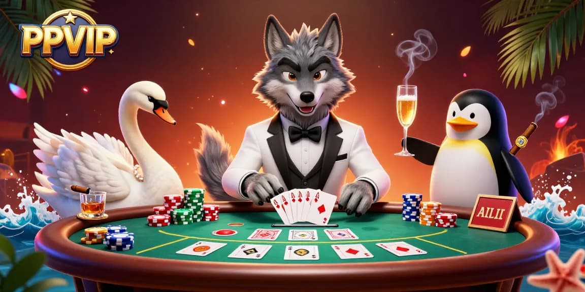 Experience thrilling gameplay at PPVIP with a cartoon wolf, swan, and penguin in a vibrant casino scene.