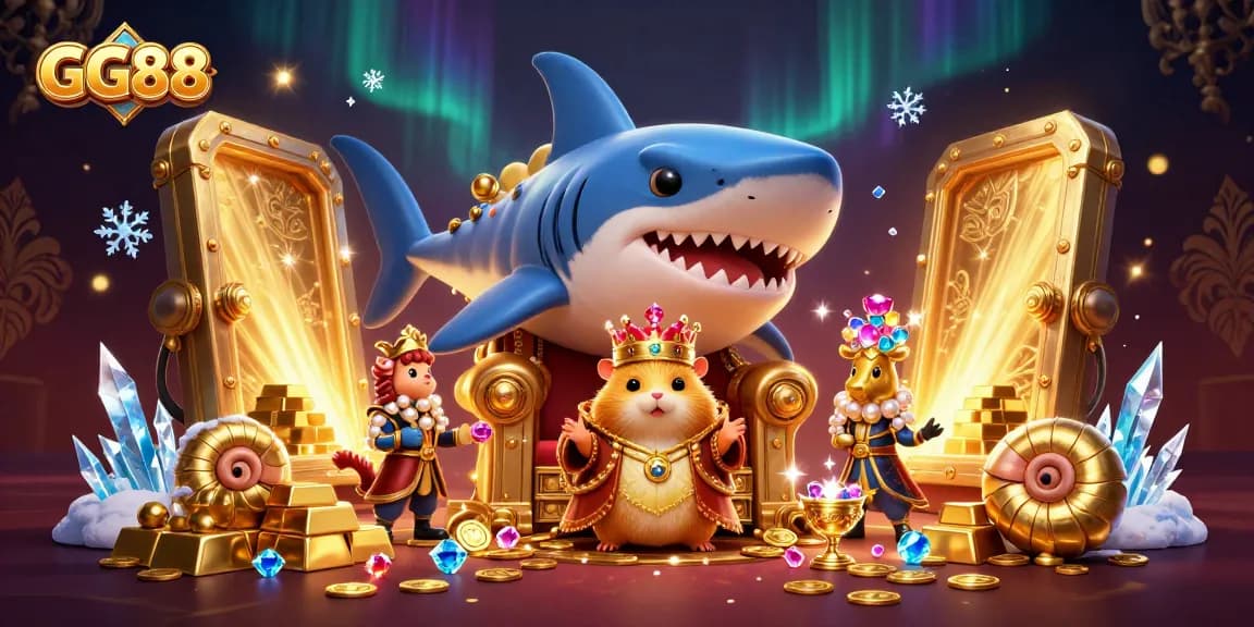 GG88 casino illustration featuring a golden hamster king and treasure, engaging users in gaming excitement.
