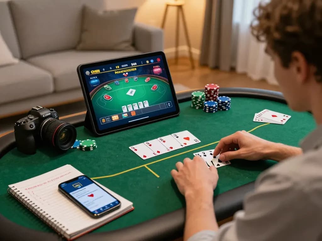 CWIN user playing online poker on a tablet, showcasing strategic gameplay and lively home atmosphere.