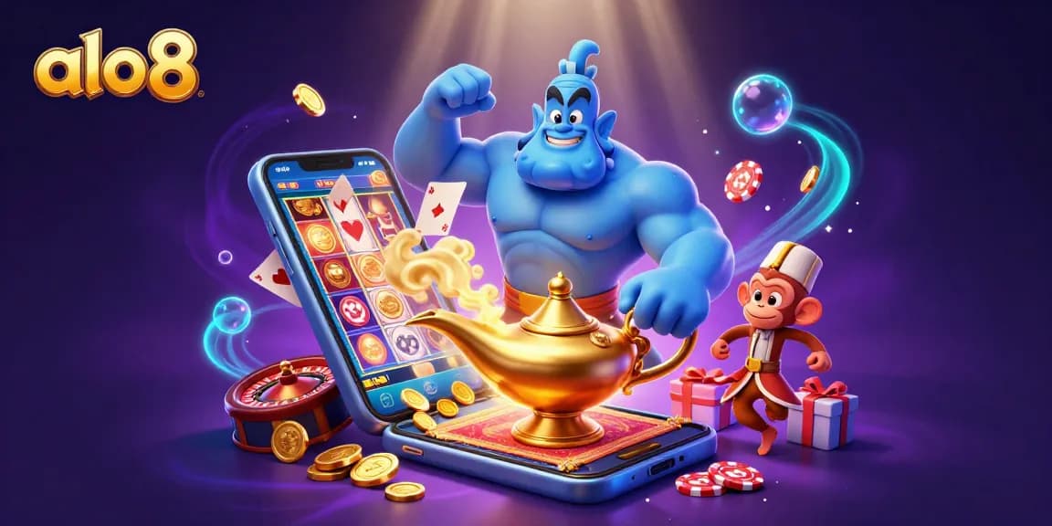 Experience the thrill of alo8 gaming with a magical genie and poker chips in a vibrant casino setting.