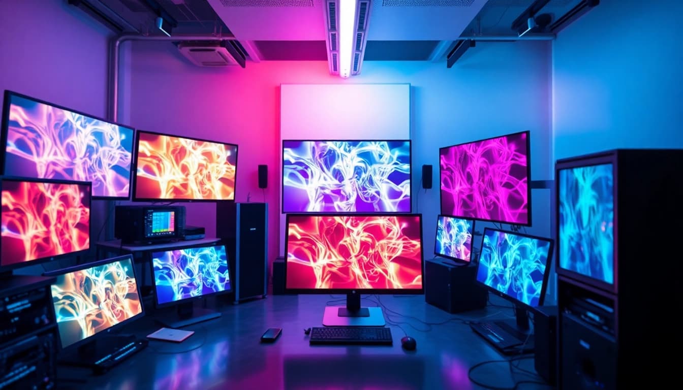 AI porn creation studio showcasing advanced technology and vibrant graphics.