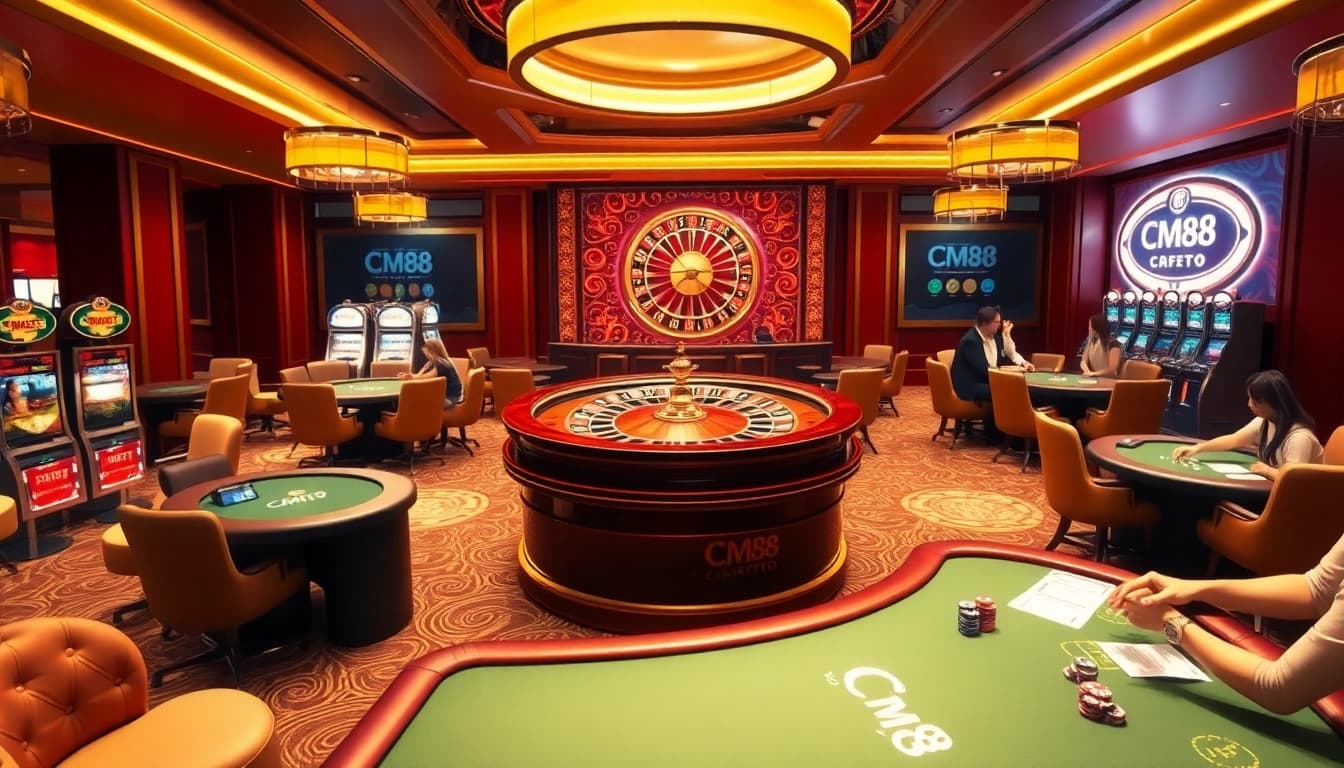 Engaging casino scene with CM88 betting chips and a thrilling roulette wheel.