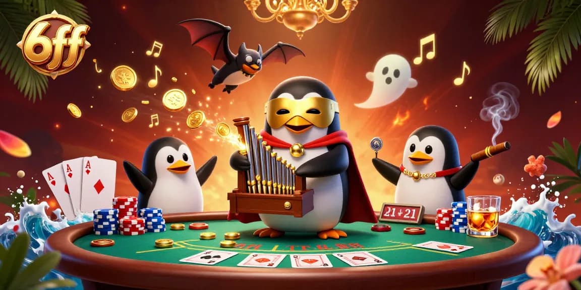 Experience gaming excitement with 6ff as a penguin plays the organ, coins flying.