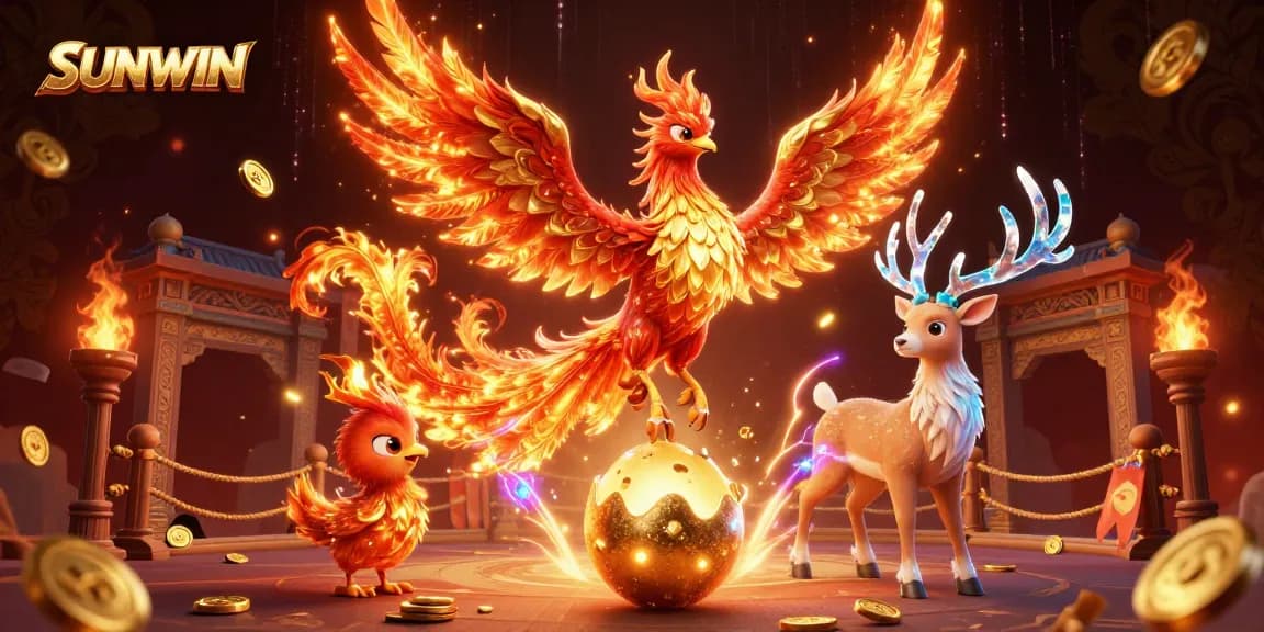 Experience the thrilling SUNWIN gaming adventure with phoenix and stag in a vibrant casino scene.