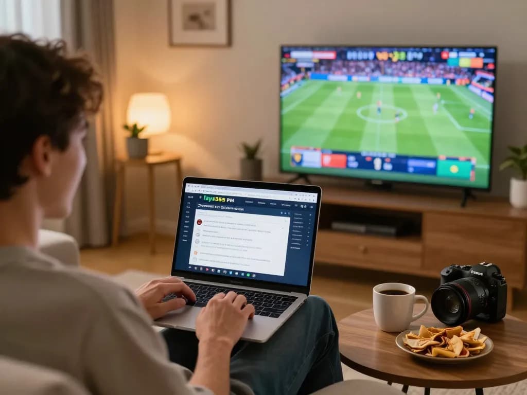 Enjoying sports betting at Taya365 PH online, with live betting interface on display and cozy home setting