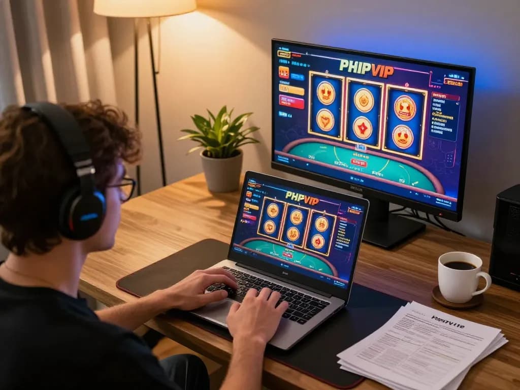 Player enjoying PHPVIP casino games on a laptop with vibrant slots displayed on screen.