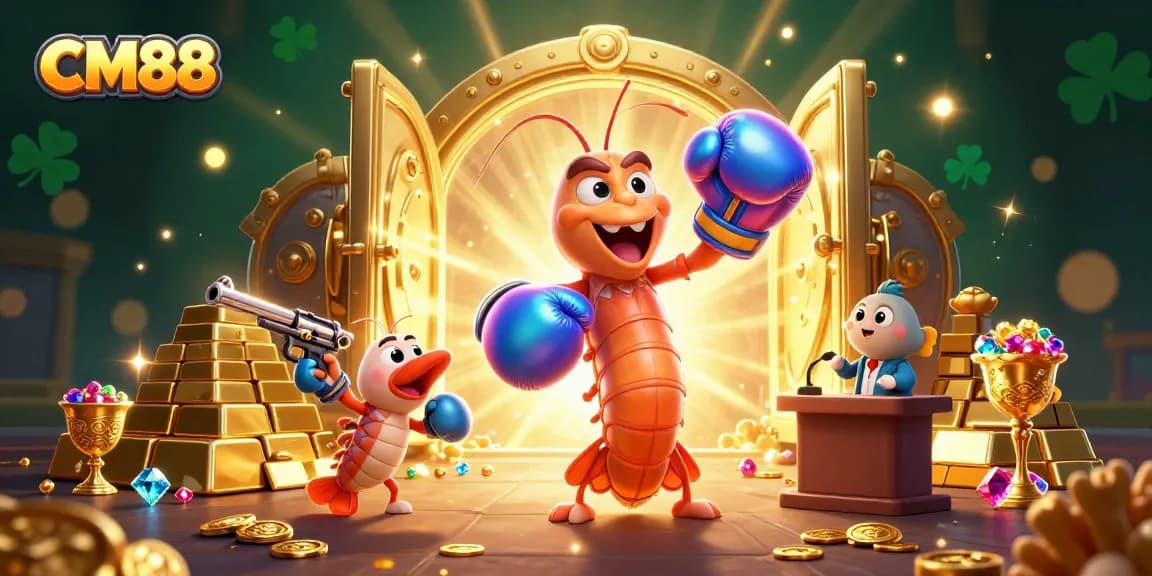 CM88 features vibrant 3D characters in a dynamic casino scene filled with treasures, enhancing player engagement.
