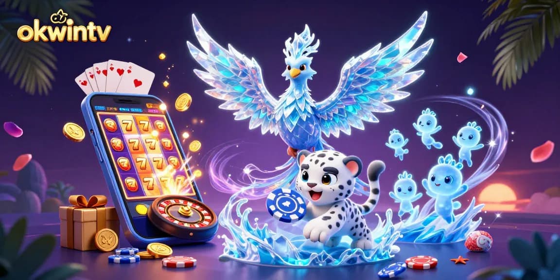 Engage in thrilling slots action with okwintv, featuring a vibrant phoenix, playful snow leopard, and dynamic game elements.