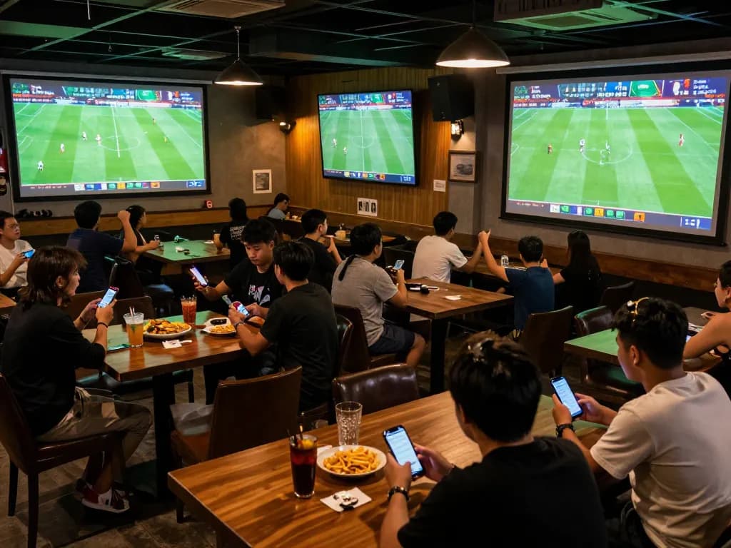 Bóng đá Bet168 fans placing bets while enjoying live football matches in a sports bar atmosphere.