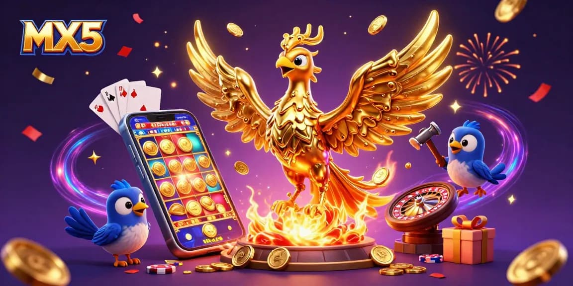 Experience thrilling gaming action with MX5 as a golden phoenix and sparrow assistants showcase electrifying casino elements.