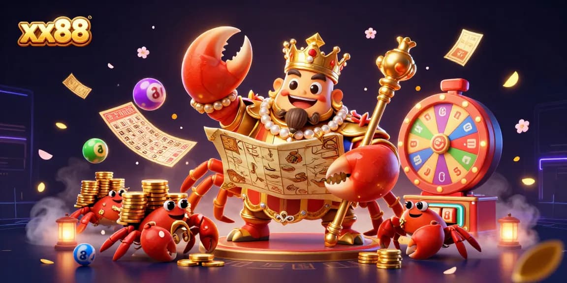 Experience the vibrant xx88 casino scene with a golden crab emperor and dynamic game elements.