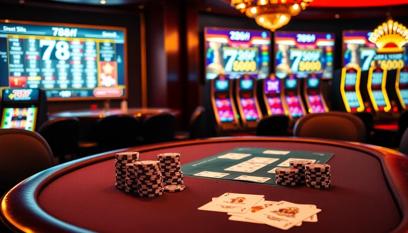 Experience the excitement of 789f at a luxurious casino table with poker chips and cards.