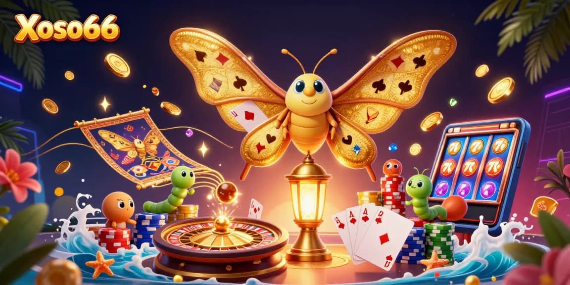 Xoso66 showcases vibrant casino excitement with golden moths and dazzling game elements.