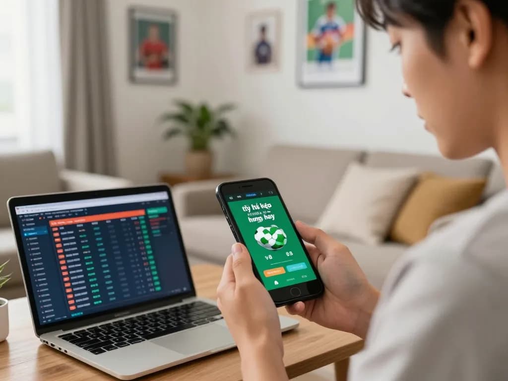 Engaged in mobile sports betting, tracking tỷ lệ kèo bóng đá trực tuyến hôm nay using smartphone and laptop.