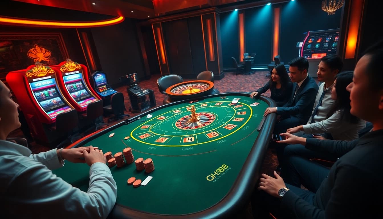 Gambler enjoying a thrilling game at QH88 casino table with vibrant colors.