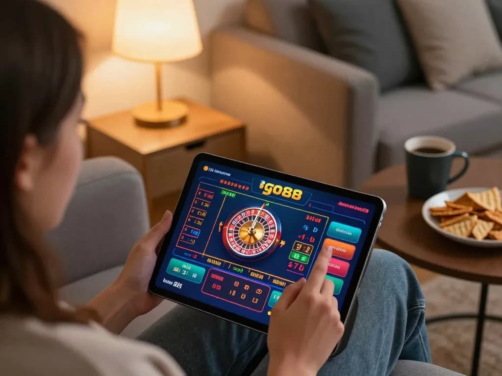 Playing go88 live dealer roulette on tablet at home, showcasing action and engagement.