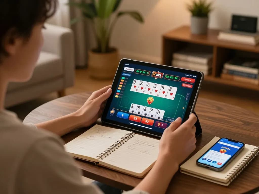 Engaged player using luckywin 882 app on a tablet during an online casino session at home.