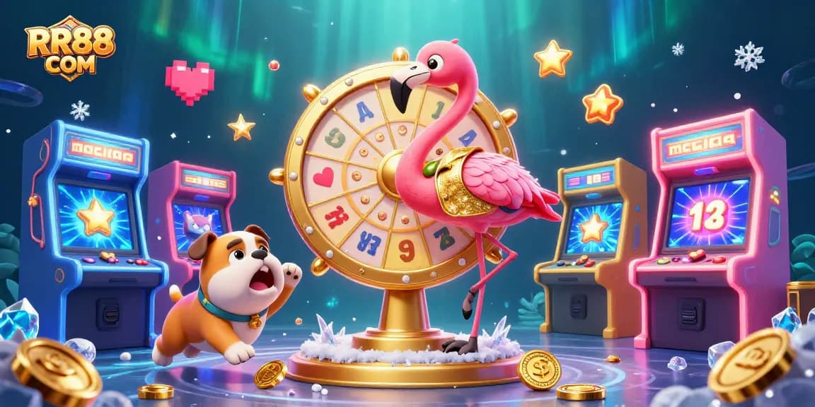 Engage with thrilling games on RR88 COM while a flamingo host spins a prize wheel amidst vibrant arcade elements.