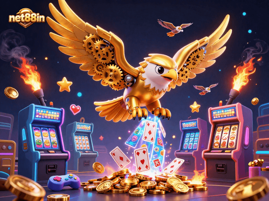Experience thrilling gameplay with net88in's vibrant casino world featuring a cybernetic eagle and arcade treasures.