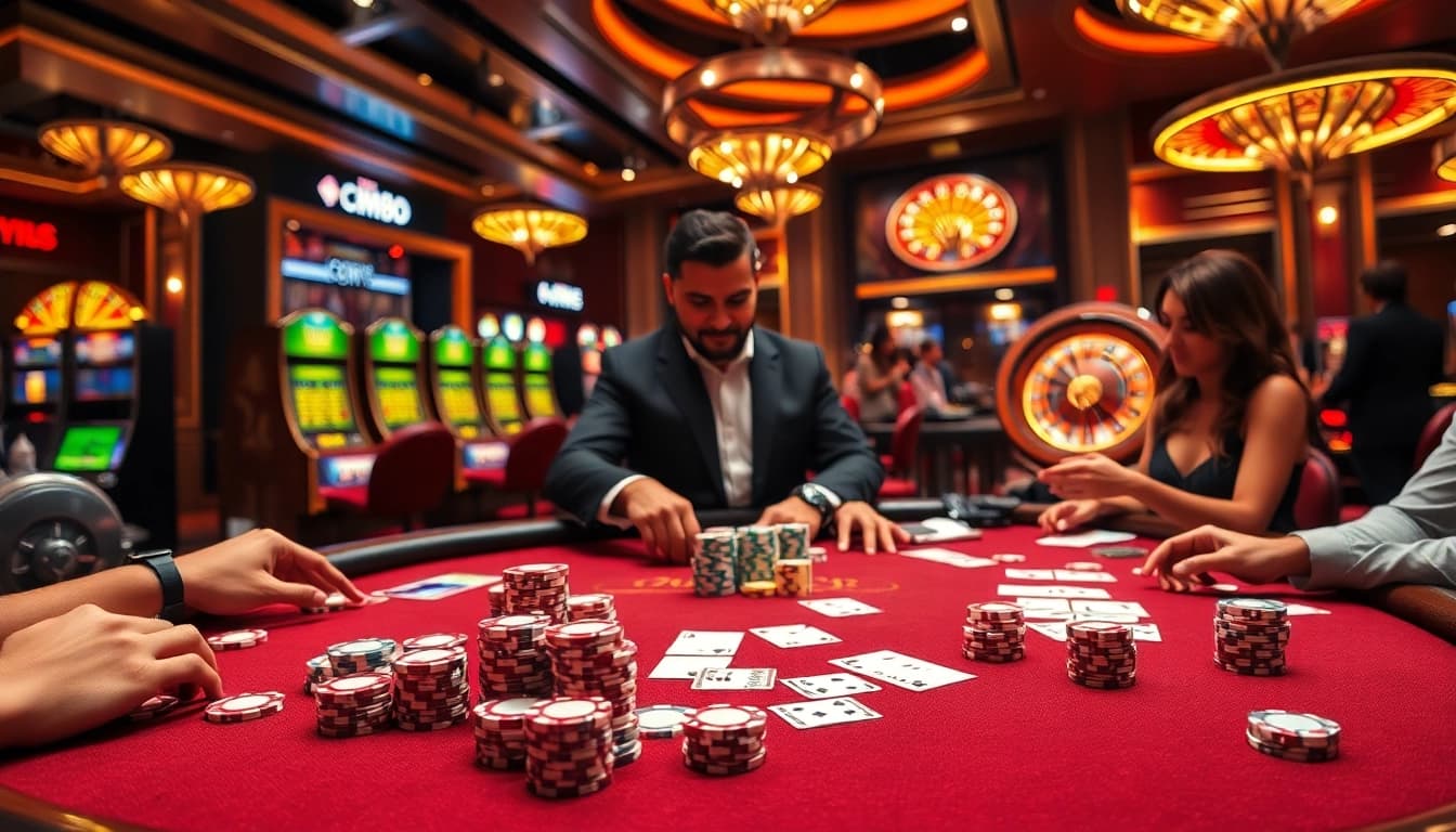 Engaging scene at cm88 com casino with vibrant poker chips and luxurious slot machines.