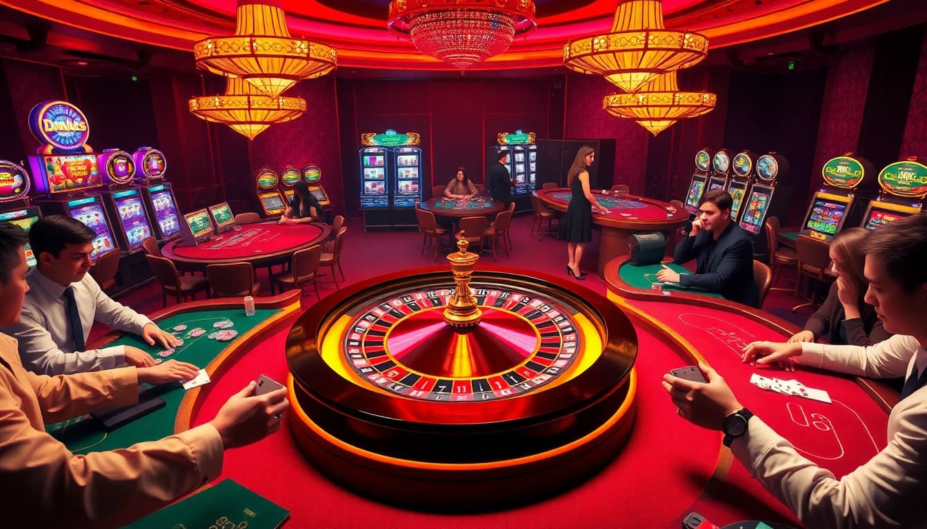 MM88 players enjoying a vibrant casino atmosphere with roulette wheels and poker tables.