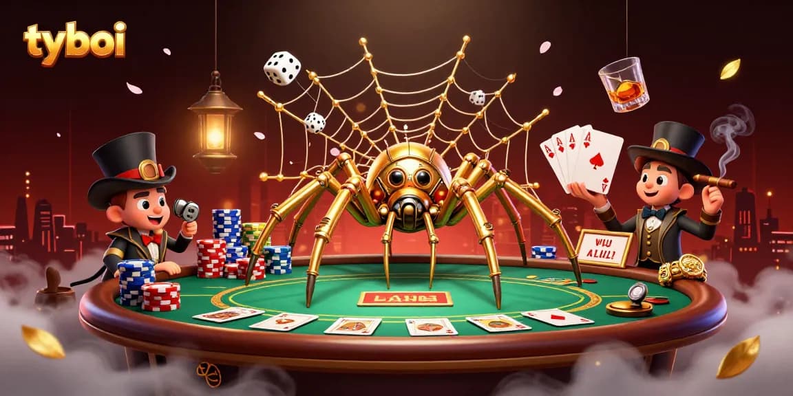 Experience the thrill of tyboi with golden spider and poker web in an enchanting casino scene.