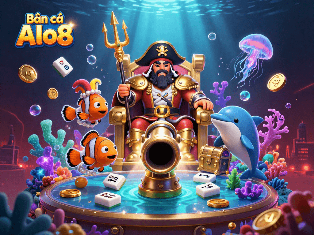 Bắn cá Alo8 game cannon firing sea creatures, featuring vibrant underwater characters and gold coins floating throughout.