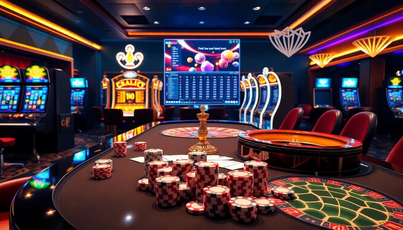 Experience thrilling betting at nk88.com with vibrant casino tables, chips, and a roulette wheel.