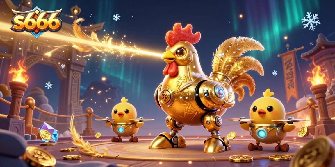 Experience thrilling gameplay with s666, featuring a golden rooster robot and vibrant casino elements.