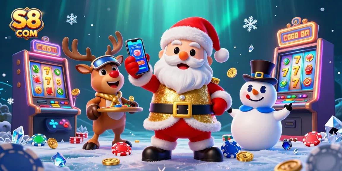 Experience exciting slots at S8 COM, featuring a vibrant casino scene with Santa and friends.