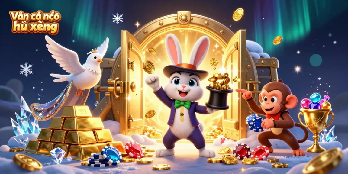 Engage in exciting Bạn cá nổ hũ xèng gaming with vibrant characters and treasure-filled casino themes.